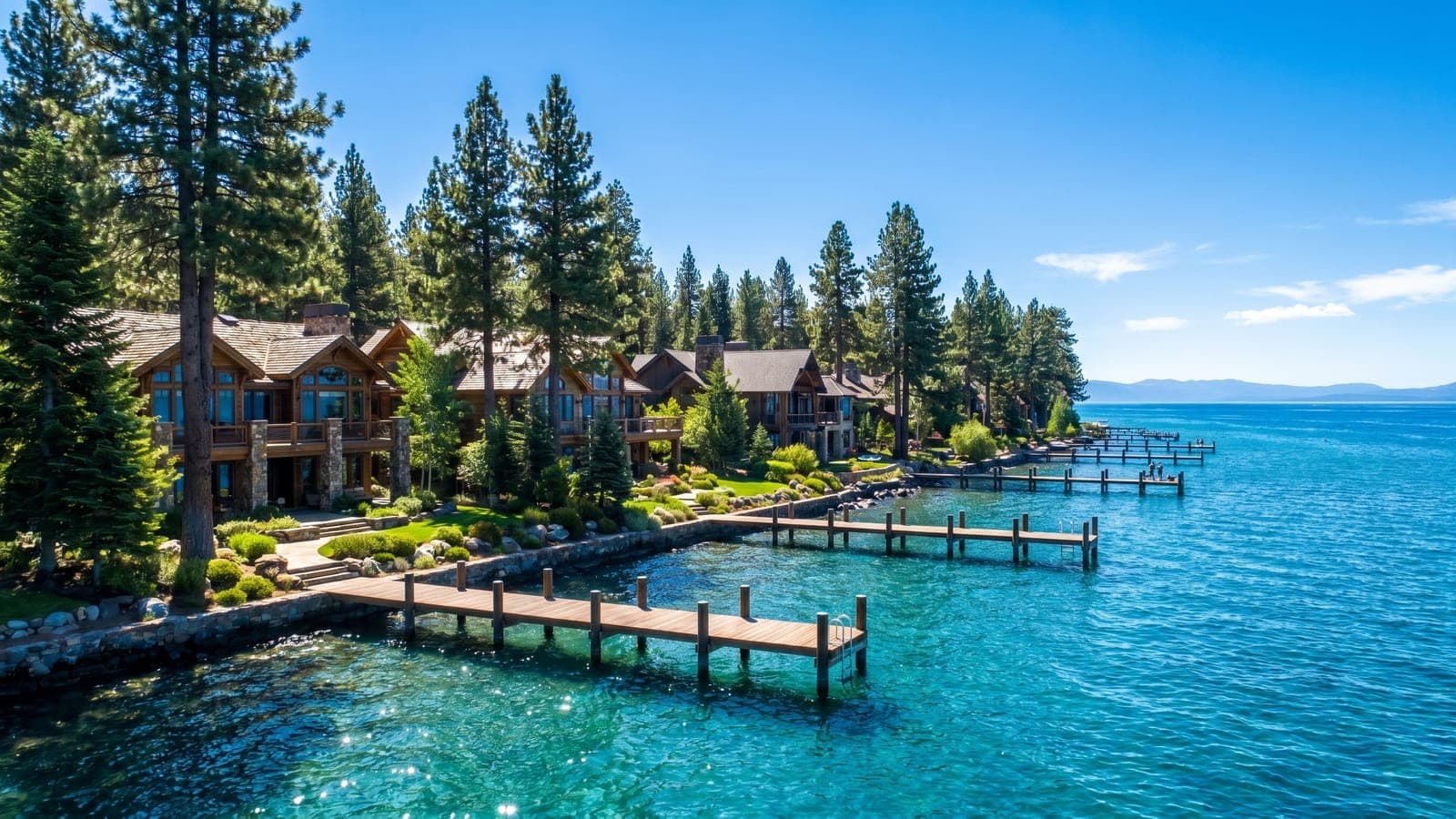 Skyland lakefront estates and private piers on the Zephyr Cove shoreline of Lake Tahoe, Nevada east shore