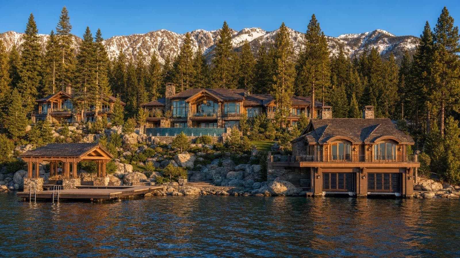 A $20 million lakefront estate on the Nevada shore of Lake Tahoe, with private water frontage and the Sierra beyond