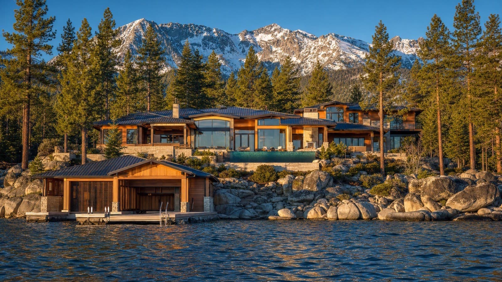 Lake Tahoe lakefront estate with a private pier on the deep blue Nevada shore at sunset