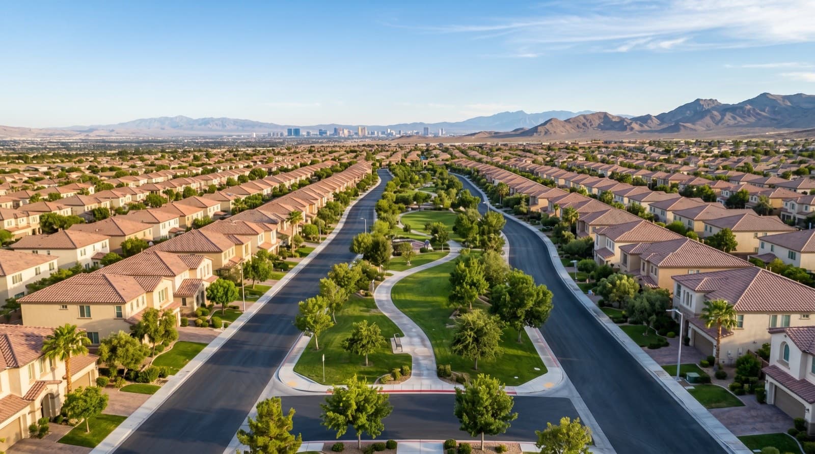 New construction homes in Cadence master-planned community, Henderson NV, 2026 — aerial view of family neighborhood against Black Mountain foothills