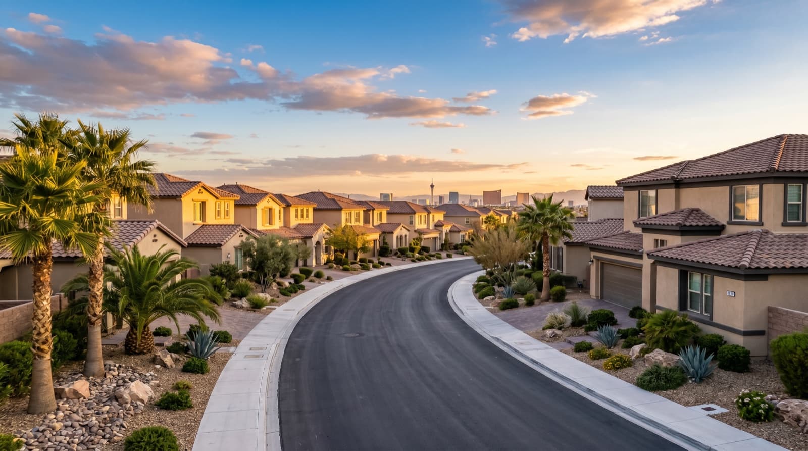 New construction homes in Mountain's Edge, Southwest Las Vegas, 2026 — suburban neighborhood at golden hour