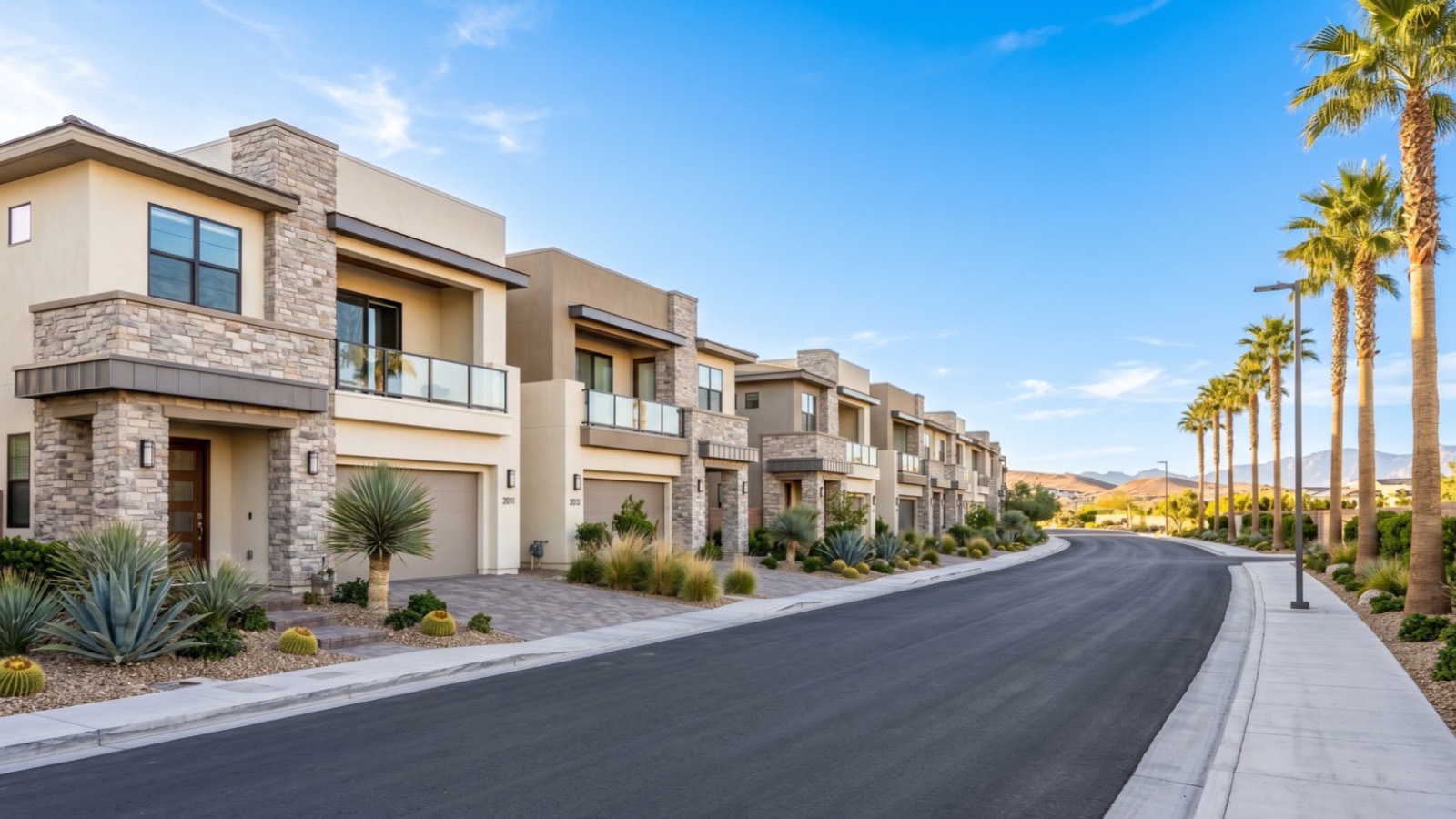Row of two-story stucco townhomes on a palm-lined Las Vegas street, the kind of rental property that can be exchanged under Section 1031