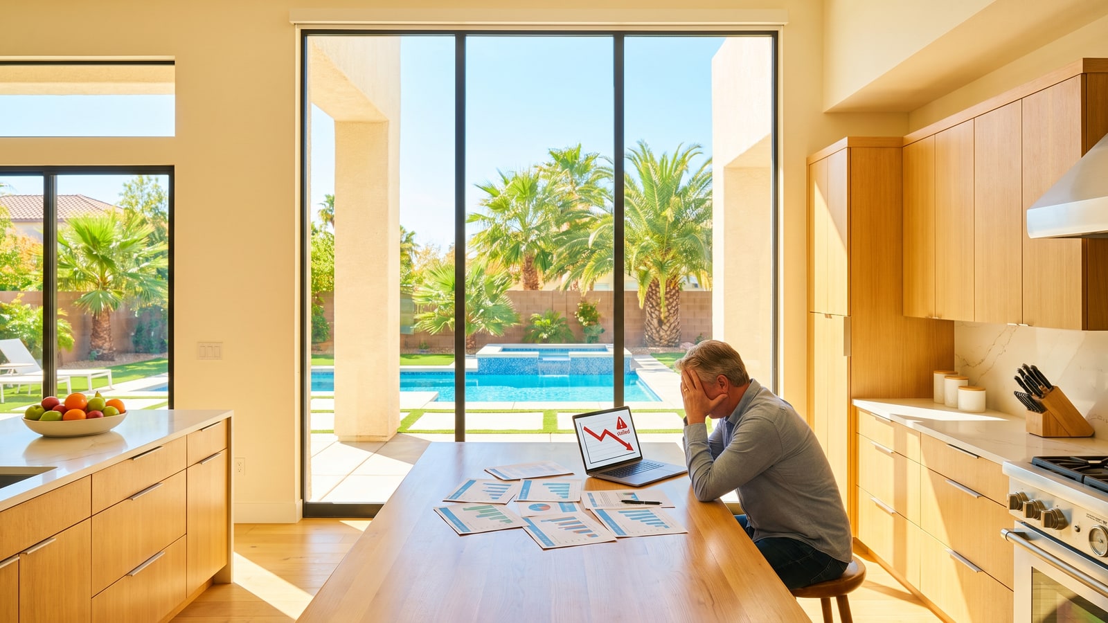 Home seller reviewing a stalled listing report with concern