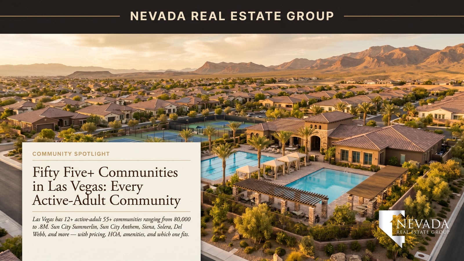 Las Vegas 55-plus active adult community single-story homes with palm trees and golf course views