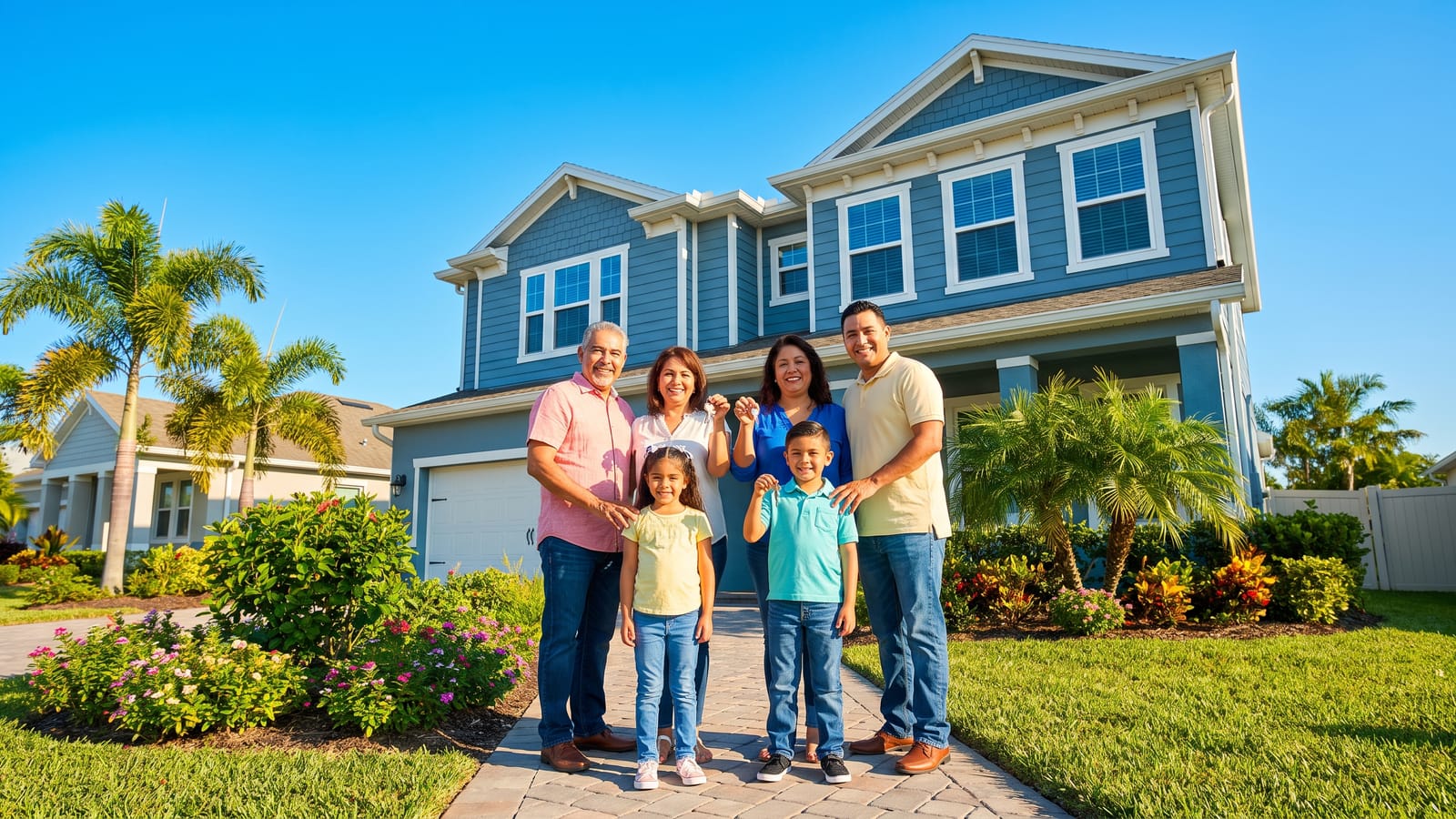 Bilingual Spanish-speaking real estate agent handing keys to a happy Latino family in front of their new Las Vegas home