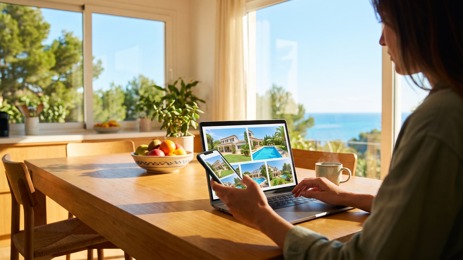 Person searching for Las Vegas homes for sale on a laptop and phone with help from a Spanish-speaking real estate agent