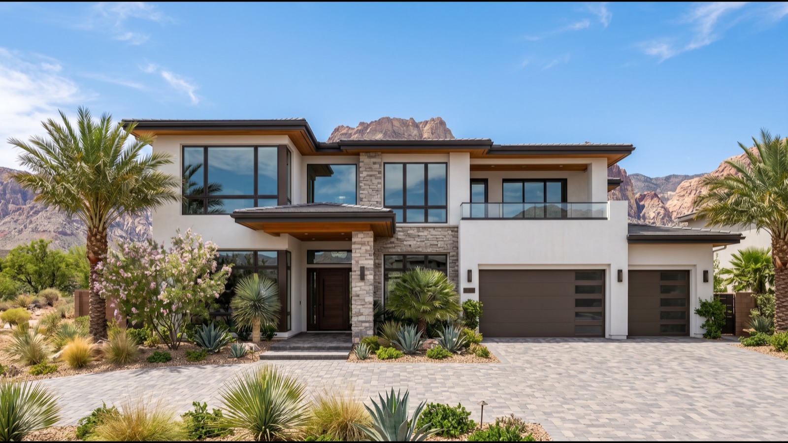 Contemporary two-story Las Vegas home with stone columns, paver driveway and Red Rock cliffs behind it, the kind of $1.2 million-plus listing where sale-to-original-list fell from 97.8% inside 14 days to 87.5% after 180 days