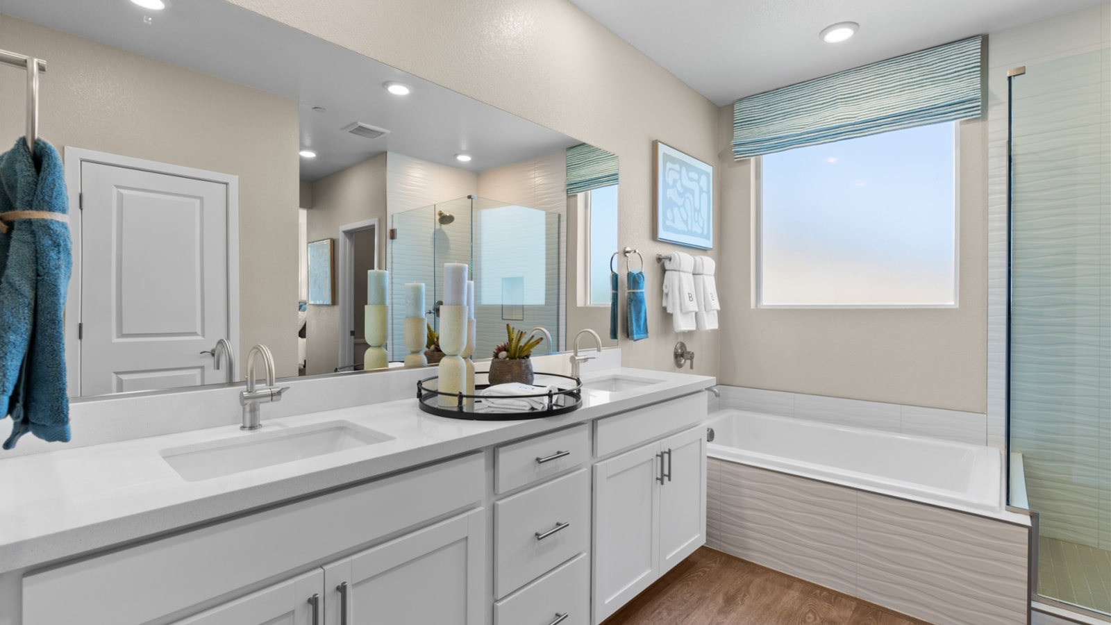 Beazer's Sequoia model primary bathroom showing the vanity and bathing area