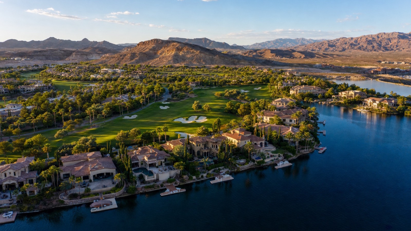 Aerial of Lake Las Vegas SouthShore guard-gated community with the Jack Nicklaus golf course along the shoreline