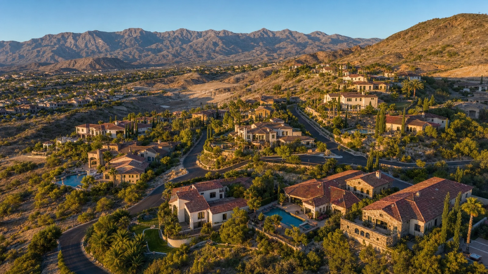 Aerial of Madeira Canyon hillside homes in Henderson, a staffed guard-gated community with dues from $150 a month