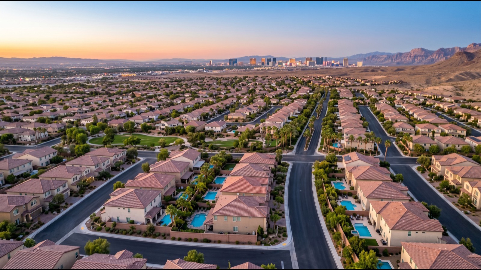 Aerial view of the Las Vegas Strip corridor showing high-rise towers and the surrounding residential neighborhoods