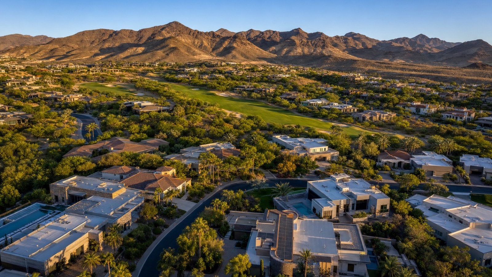 Aerial view of Seven Hills gated golf community and the Rio Secco fairways in the Henderson foothills