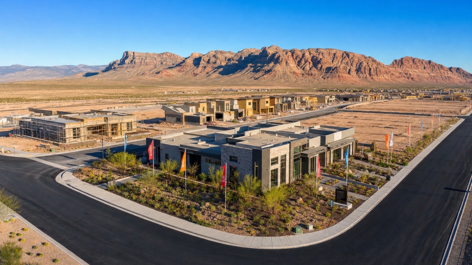 Aerial view of new construction homes filling in a Summerlin West village near Grand Park, the setting for Pulte's Brantley neighborhood