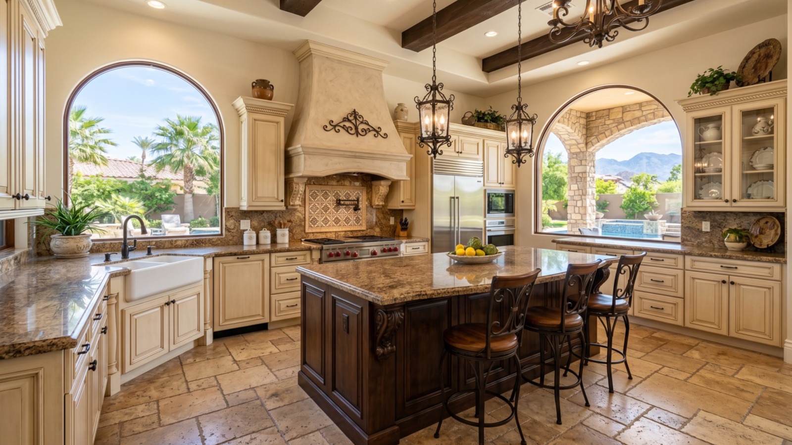 Upgraded Las Vegas kitchen with a dark wood island, stone countertops, arched windows and a range hood