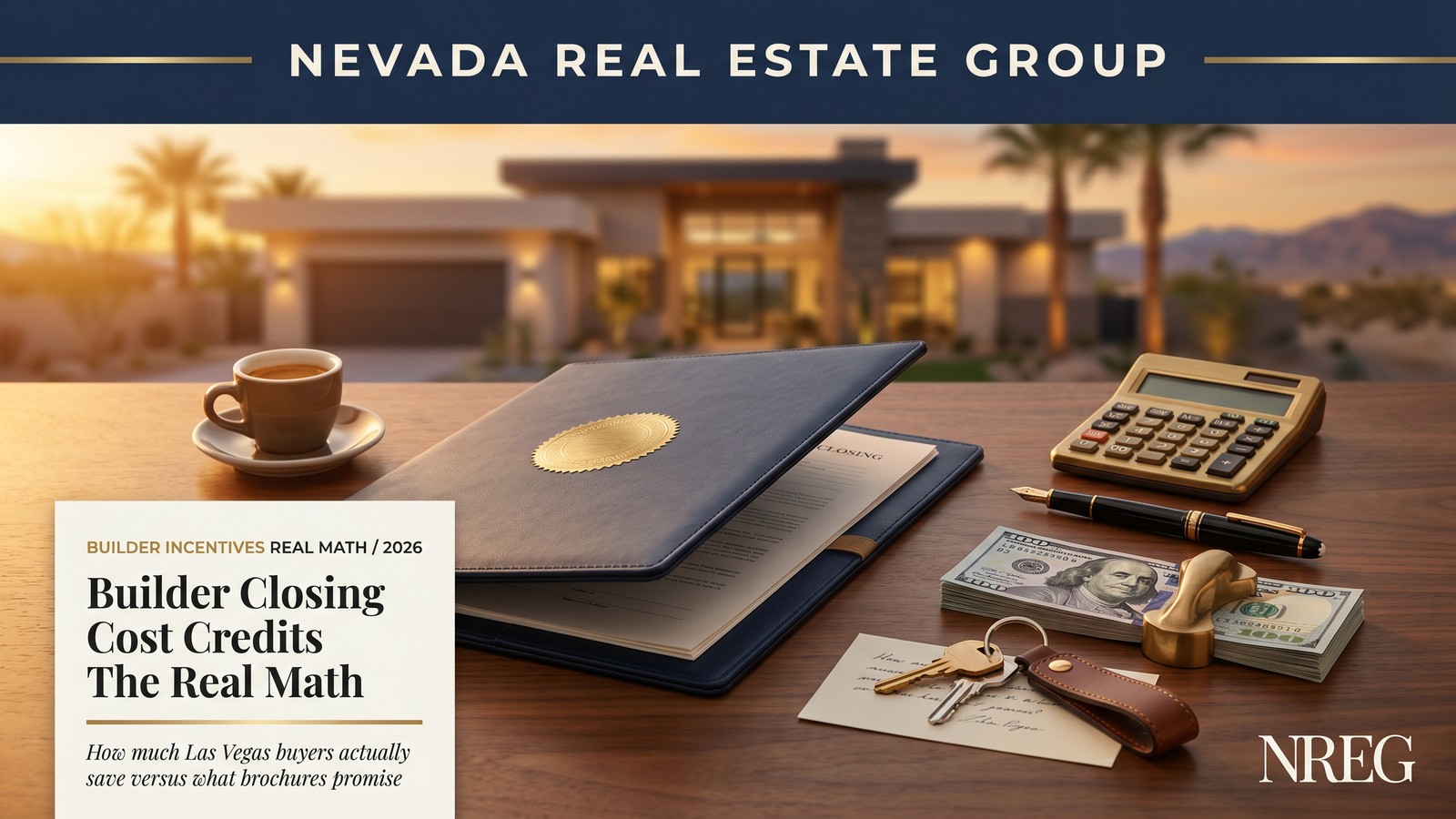Las Vegas new construction sales office with buyer agent and builder representative reviewing buyer agency commission paid by builder in 2026