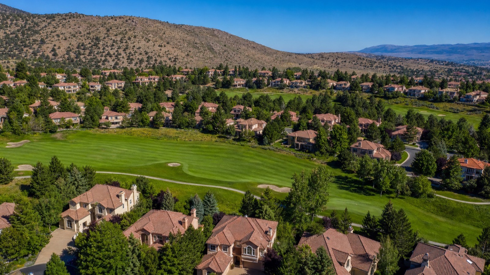Aerial view of homes along a golf course in Somersett in northwest Reno, Nevada, a planned community where an aesthetic committee approves new construction