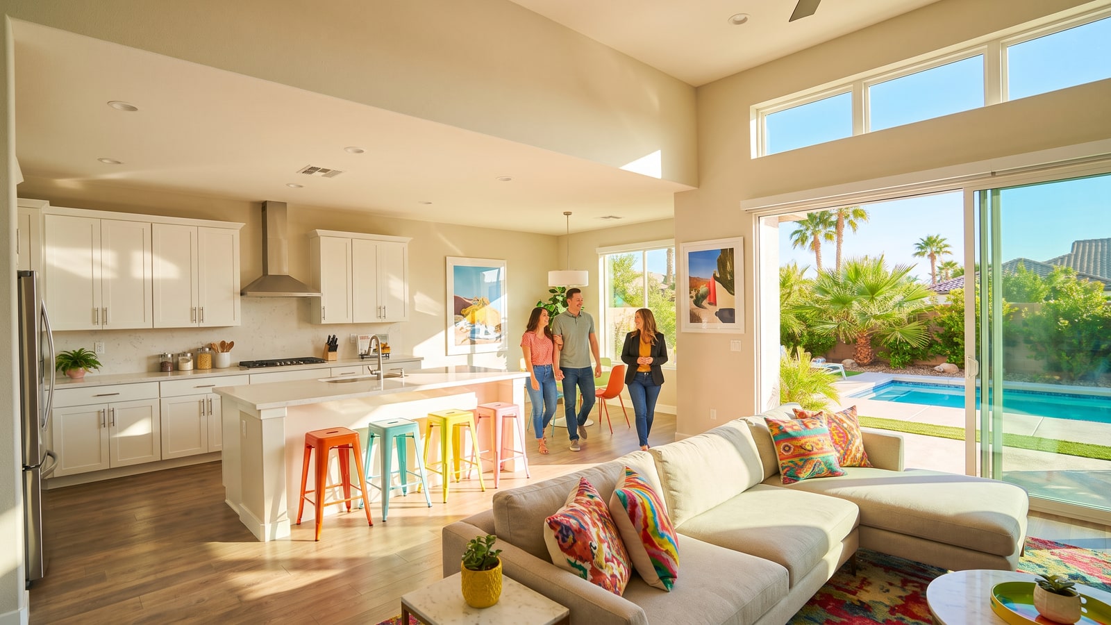 Young couple touring a bright open-concept North Las Vegas home with their real estate agent, pool visible through patio doors