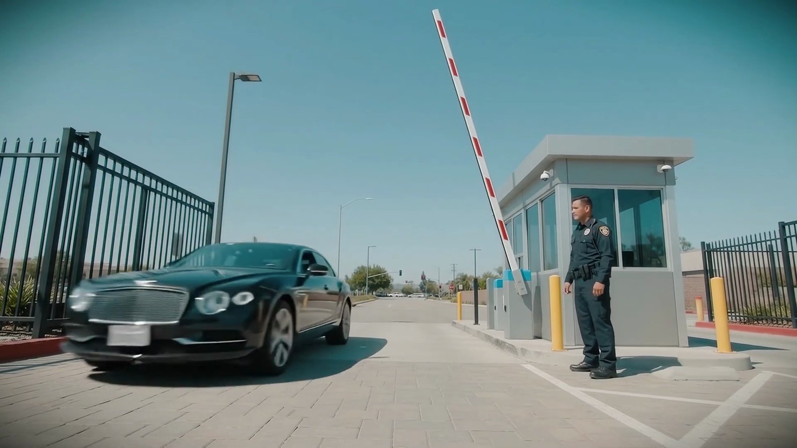 Illustration of a staffed security gate with a guard and a lifted barrier arm, from the episode's B-roll