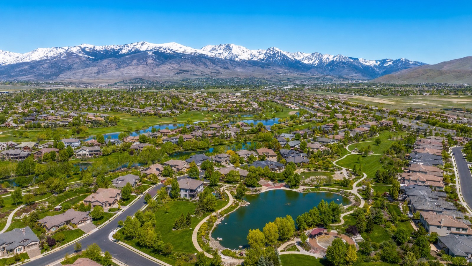 Aerial view of the Damonte Ranch master plan in south Reno Nevada with residential streets and parks