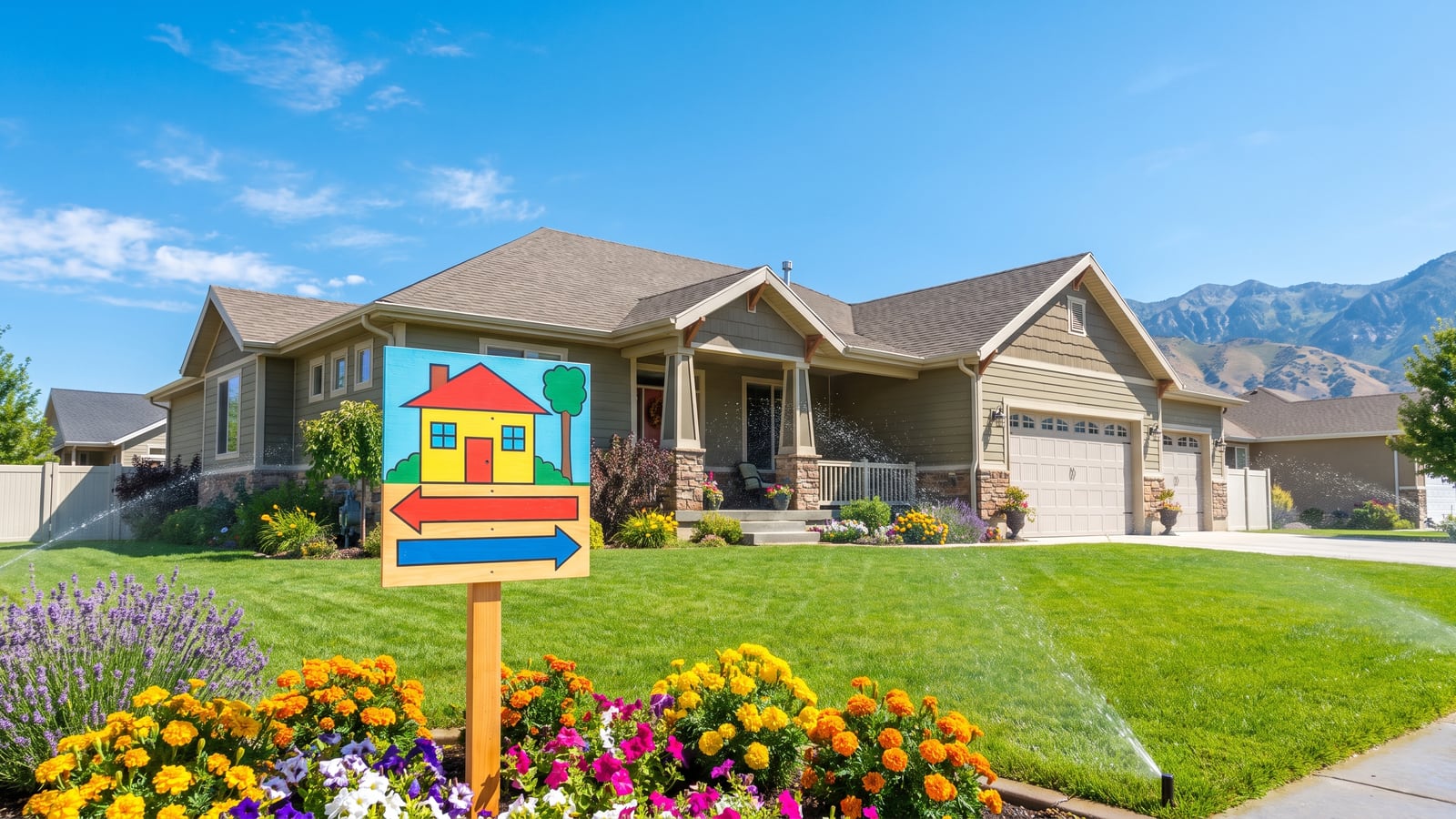 For-sale sign in the bright flowered front yard of a Carson City Nevada single-family home with Sierra foothills behind — selling a home in the Carson City NV housing market