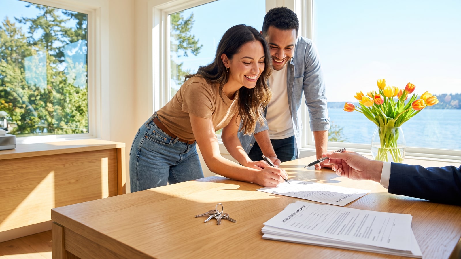 Smiling couple signing a home purchase offer at a sunlit desk while a real estate agent hands them a pen, with house keys and paperwork on the table in Carson City Nevada