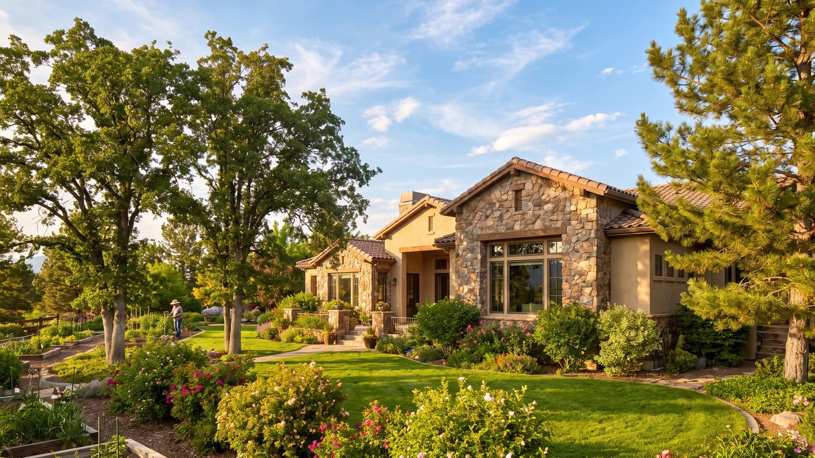 Established stone-and-stucco home in Caughlin Ranch, West Reno, surrounded by mature trees and lush landscaping