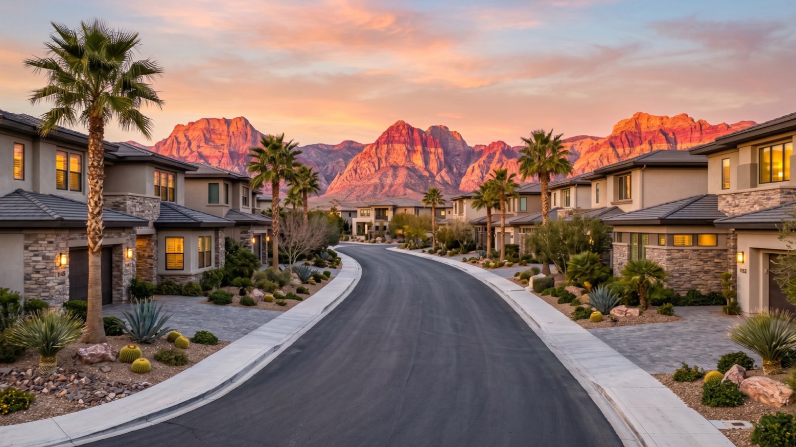 Summerlin residential street of two-story stucco and stone homes at sunset with the Red Rock escarpment glowing behind
