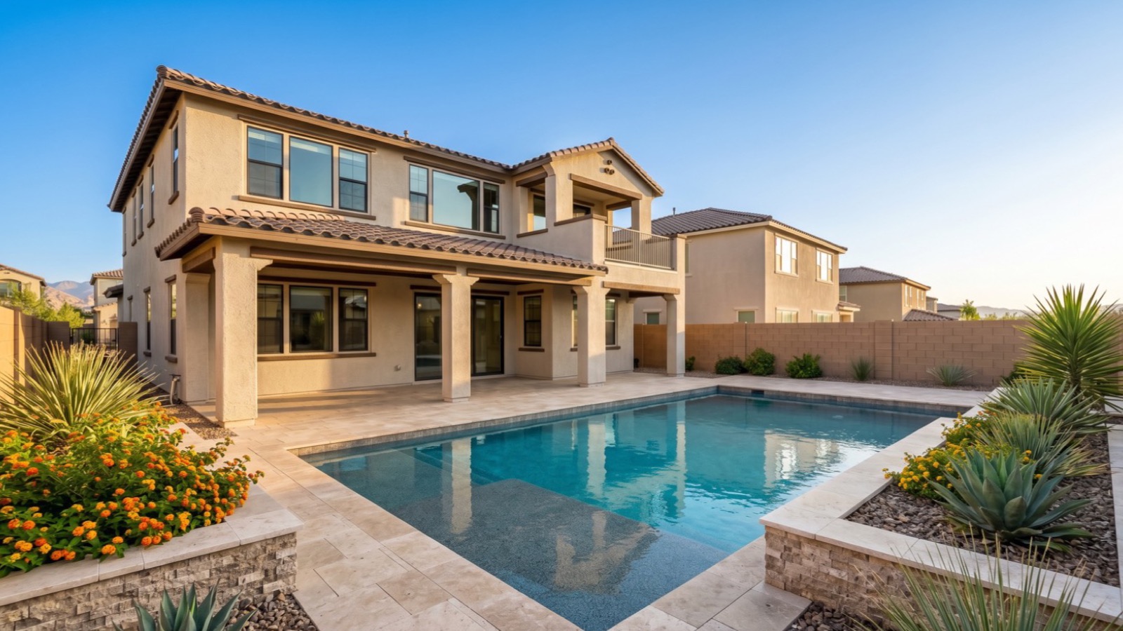 Las Vegas backyard with a rectangular pool, covered patio and desert plantings under a clear sky