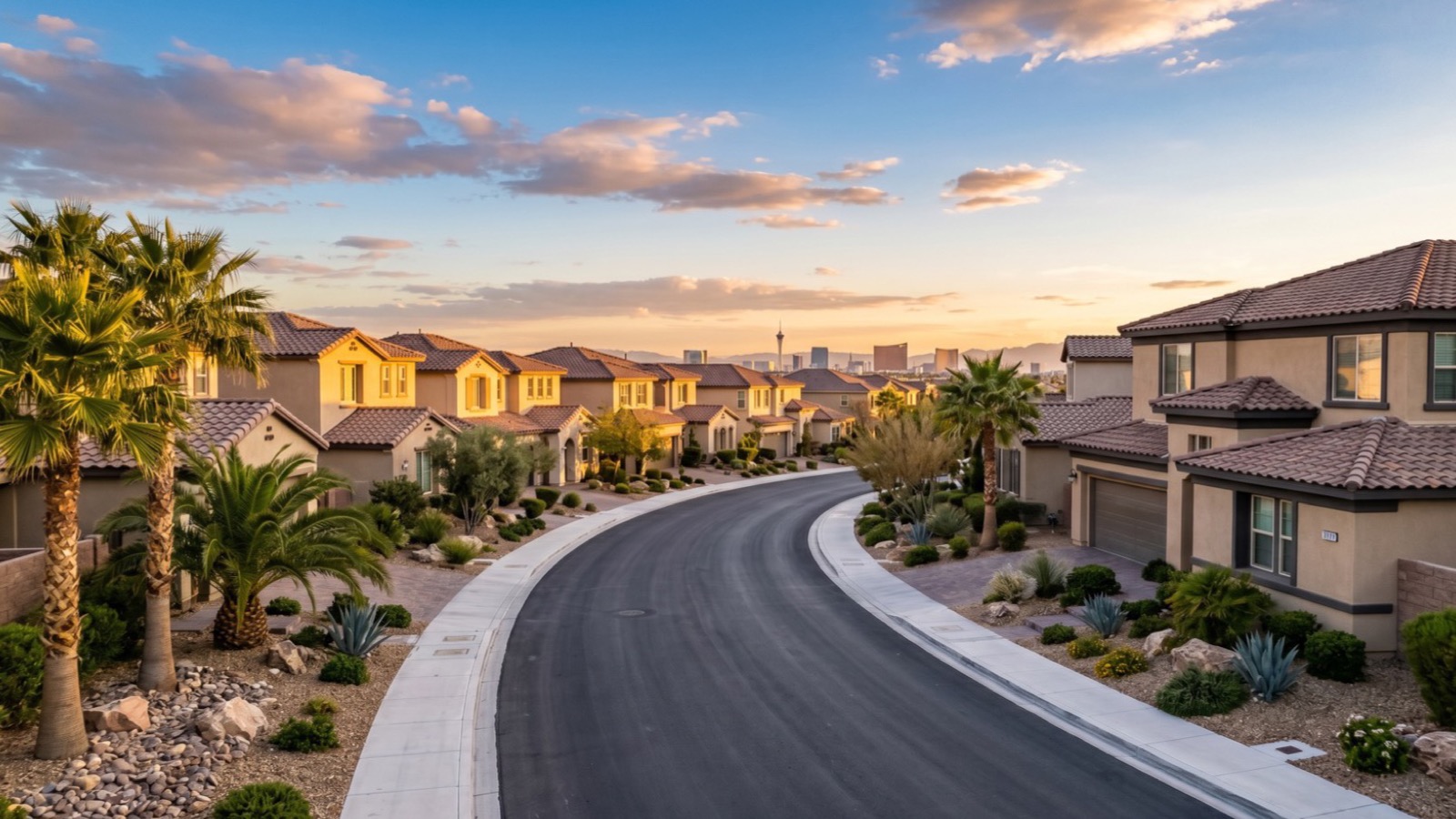 Las Vegas suburban street at golden hour with desert-landscaped front yards, stucco homes and mountains behind