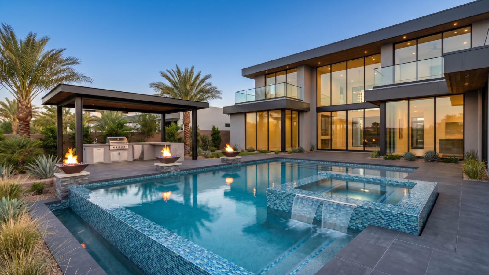 Modern Las Vegas backyard with a compact pool, paver deck, artificial turf and drought-tolerant plantings