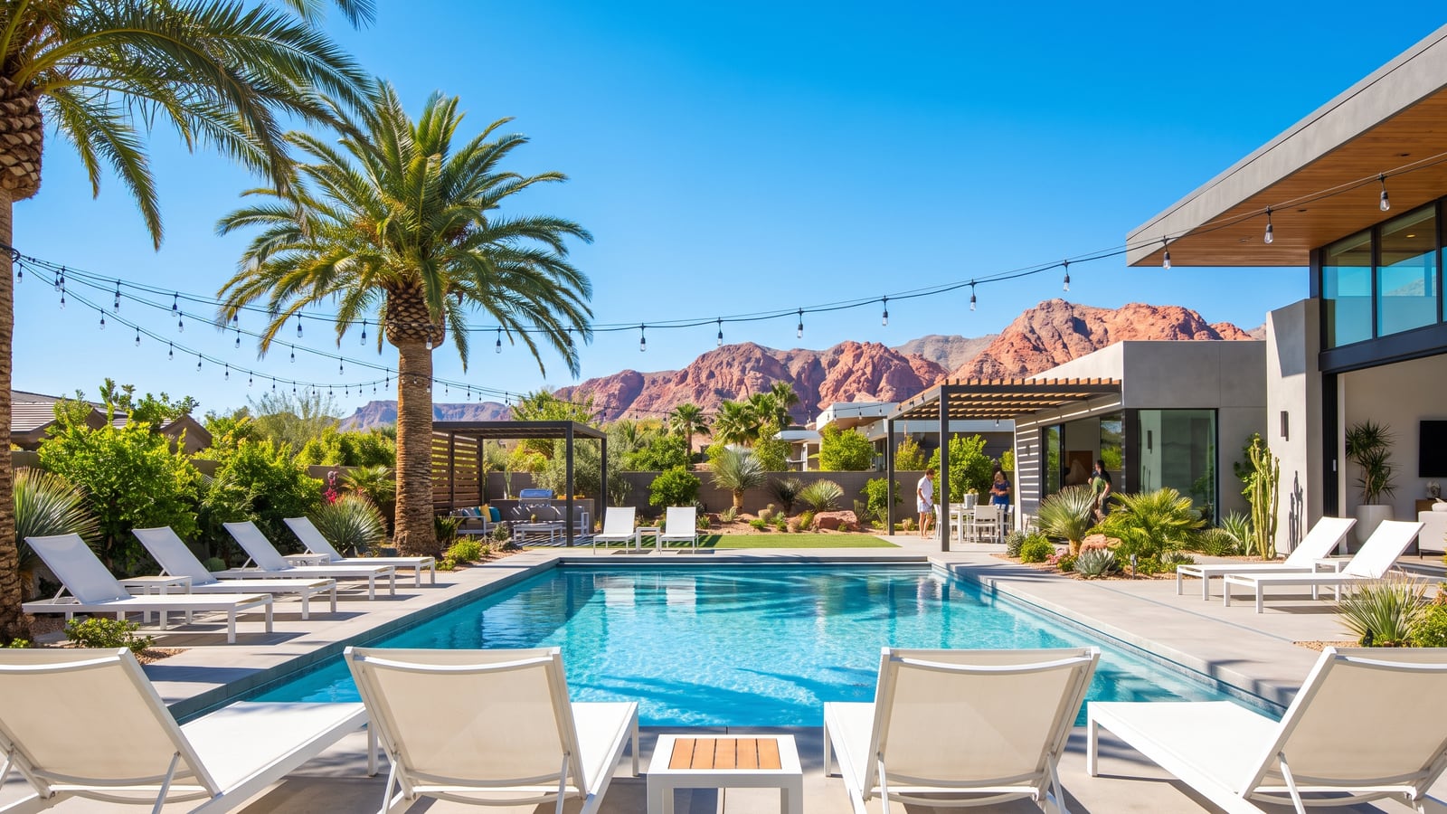 Resort-style community pool and lounge deck at a Las Vegas condominium property