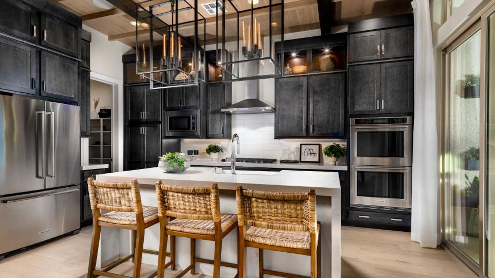 Representative kitchen island and modern cabinetry layout