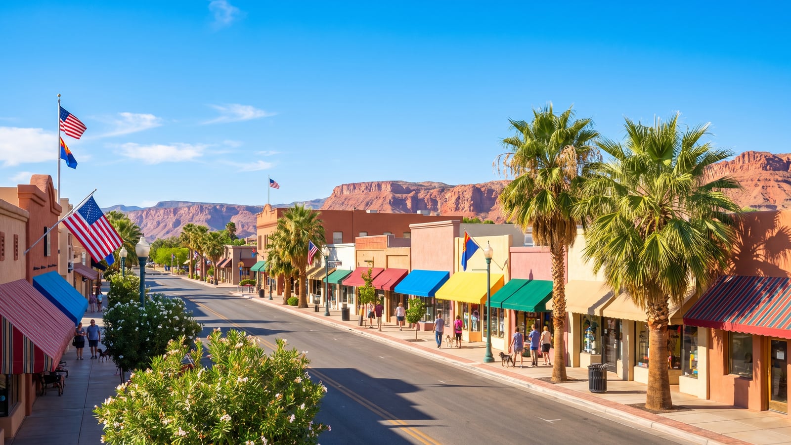 Mesquite Nevada small-town main street on a sunny day with desert mountains beyond