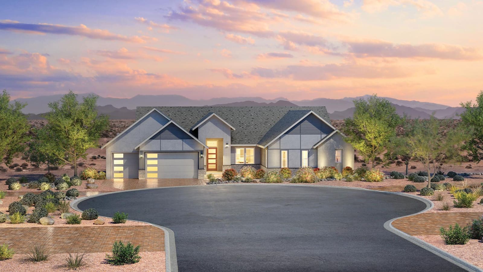 Expansive exterior elevation showing wide driveway access and architectural styling at Crestwood Ranch