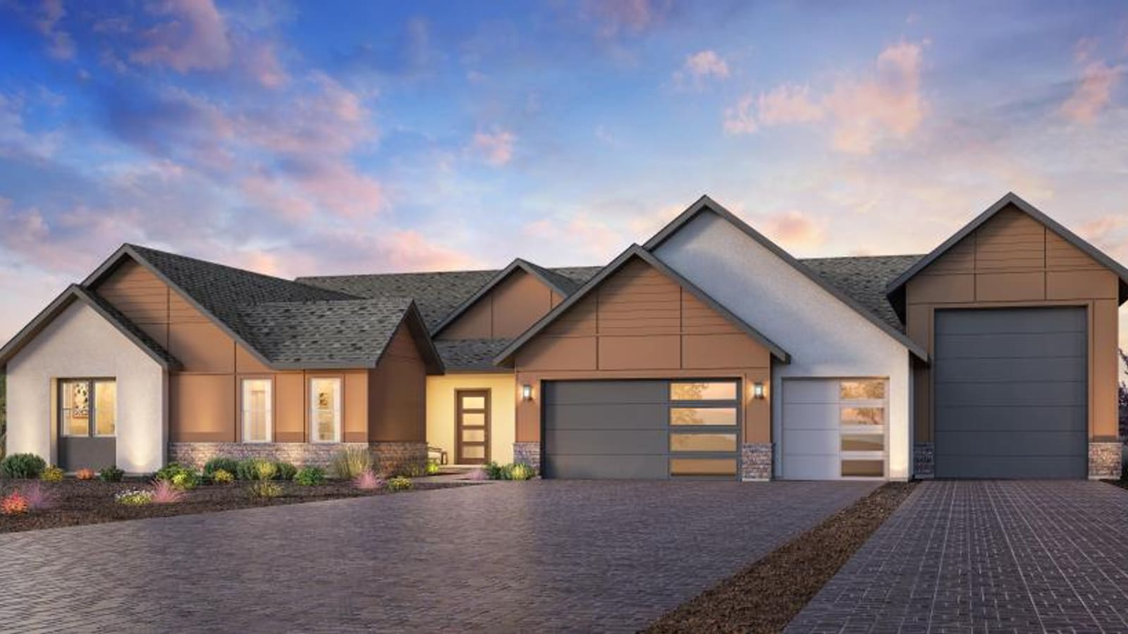 Exterior side view demonstrating an integrated RV garage connected to the main residential structure