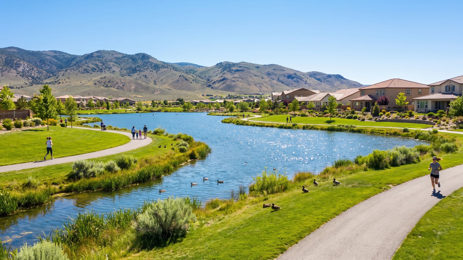 Community lake and wetland park in Damonte Ranch South Reno with a walking trail, green grass, ducks, and Sierra Nevada foothills under a clear blue sky