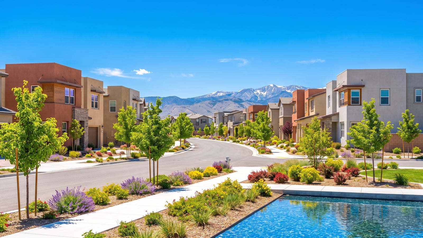 Modern master-planned streetscape in Damonte Ranch, South Reno, with contemporary two-story homes and Sierra foothills behind