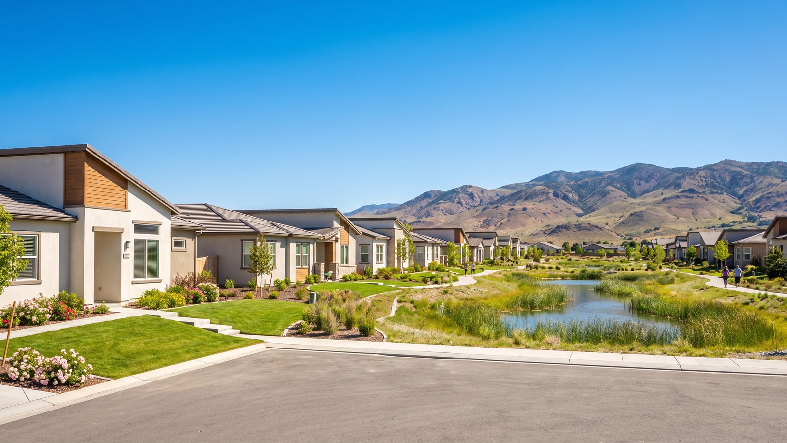 Damonte Ranch streetscape in South Reno with modern homes, a community wetland lake, and Sierra Nevada foothills