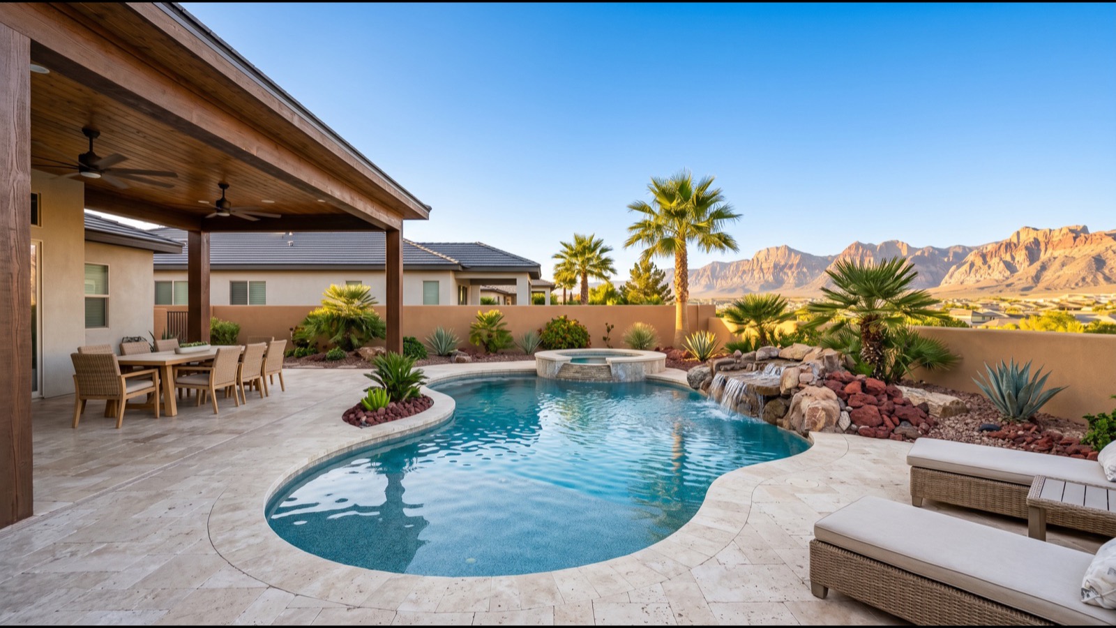 Covered patio with a wood-plank ceiling, ceiling fan and outdoor dining table overlooking a freeform pool with a raised spa and rock waterfall, travertine decking and desert mountains
