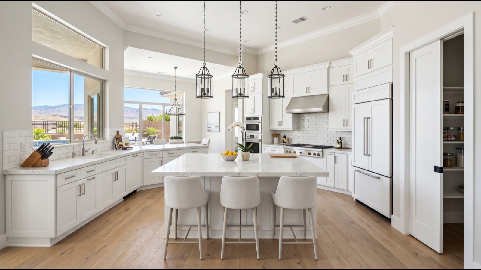 Bright Las Vegas kitchen with white shaker cabinets, a white quartz island with three counter stools, three lantern pendants over the island and light wood-look flooring