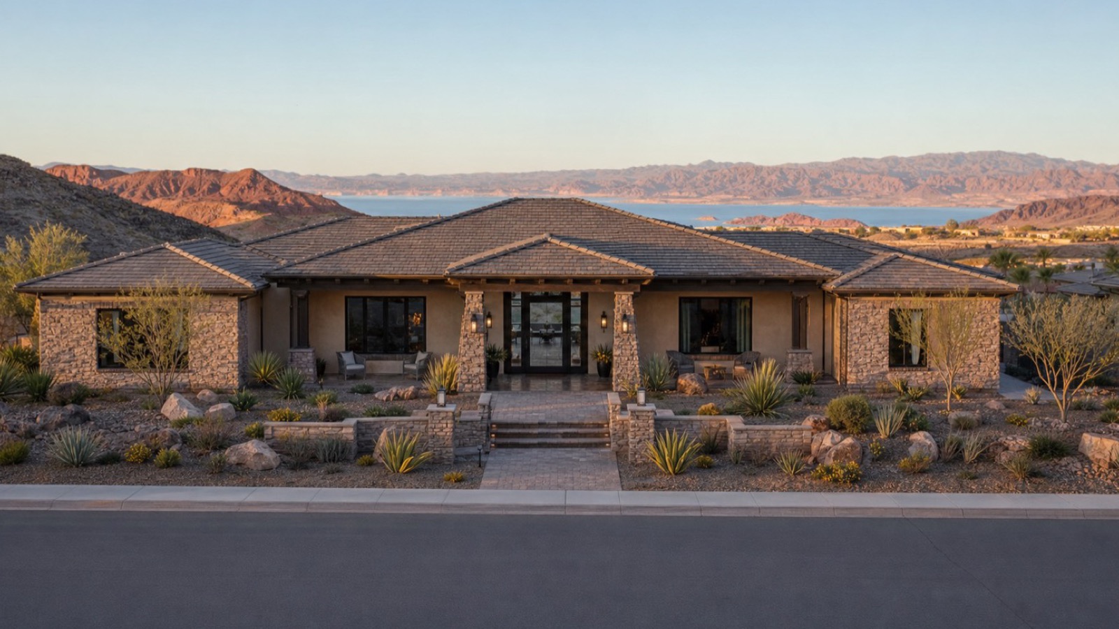 Single-story stone and stucco home in Boulder City, Nevada, with Lake Mead and desert mountains behind