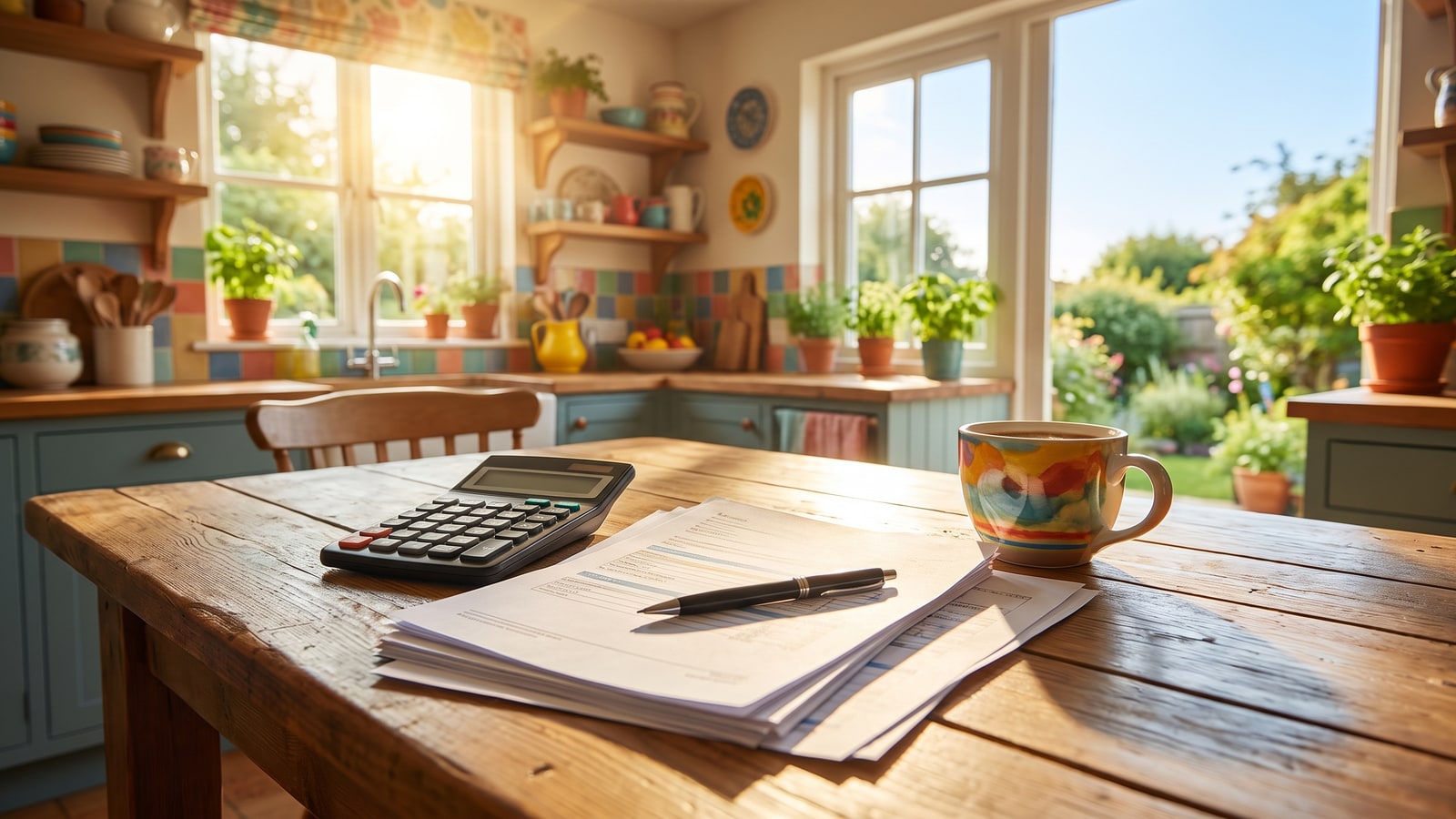 Documentos de hipoteca y préstamo hipotecario sobre una mesa de cocina soleada con una calculadora, representando la preparación financiera para comprar casa en Nevada