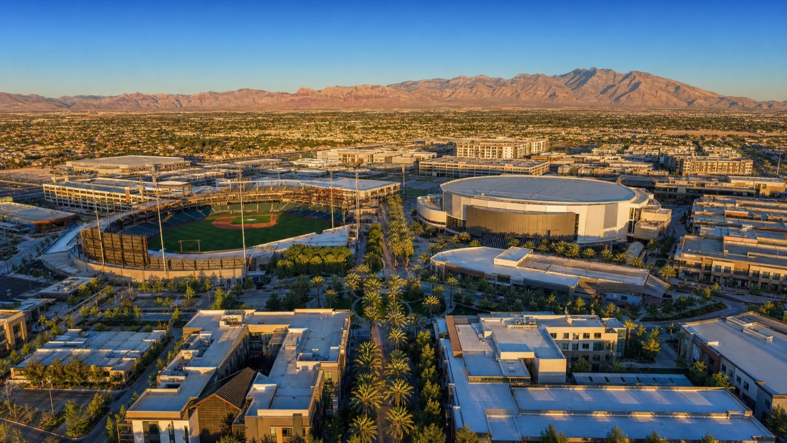 Aerial view of Downtown Summerlin, the retail and dining center a short drive from Brantley and Grand Park village