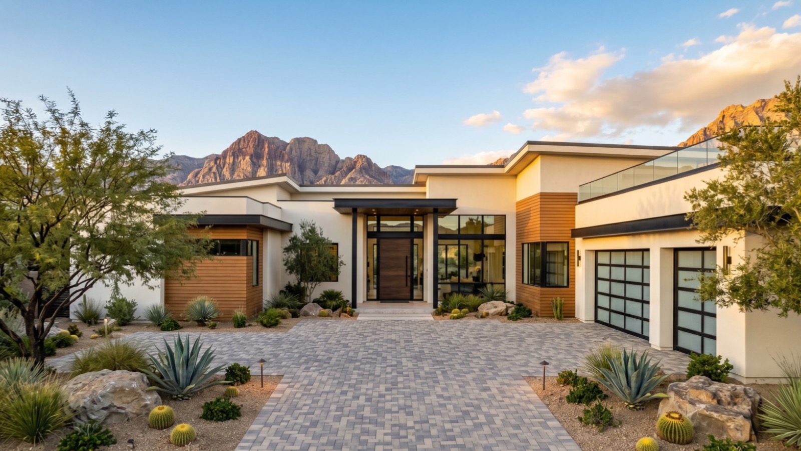Custom Mediterranean estate exterior in Summerlin with a paver motor court, mature palms and a tile roof, representative of Eagle Hills homes built in the 1990s