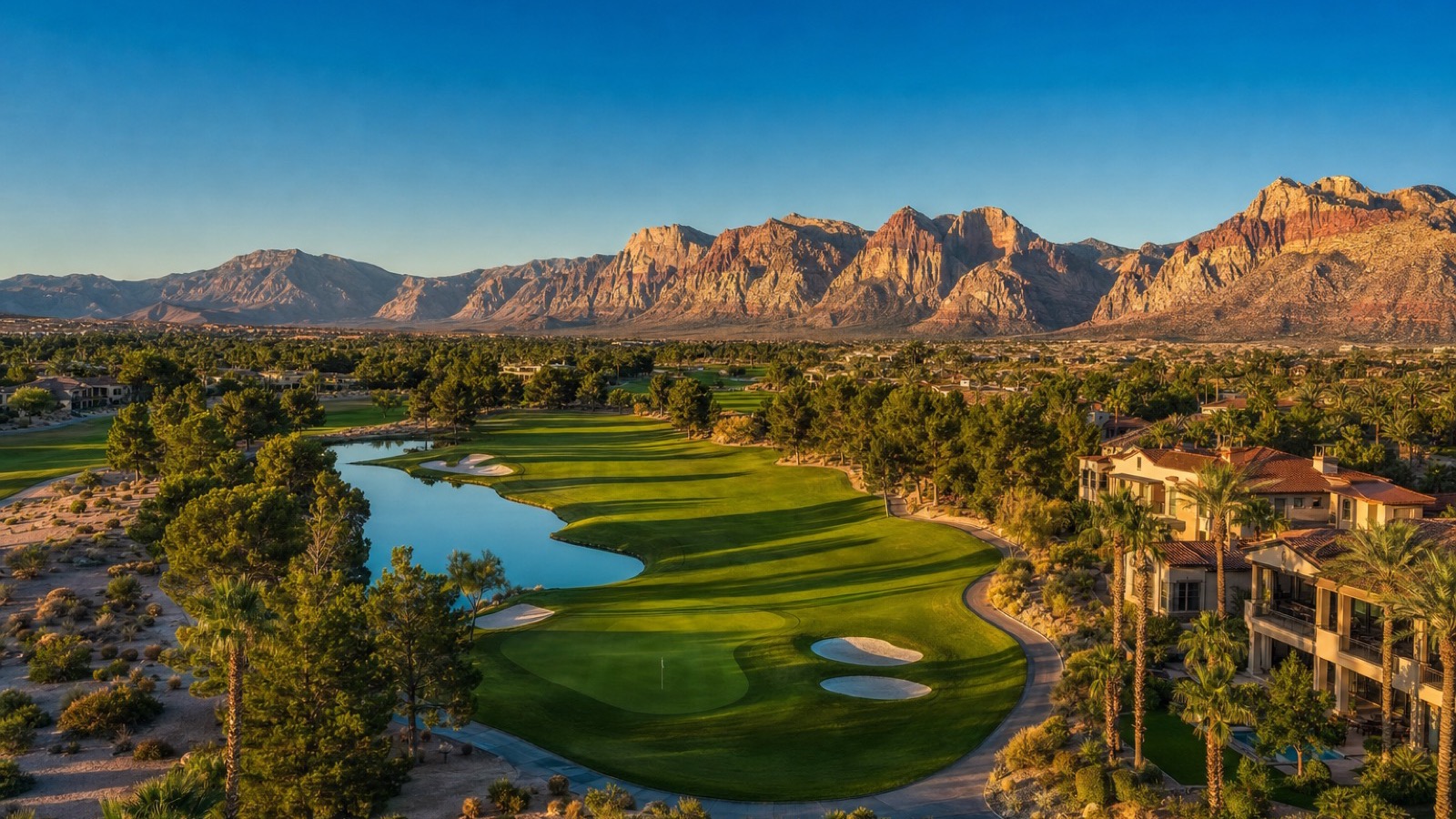 Aerial view of TPC Summerlin golf course fairways bordered by guard-gated luxury homes in Summerlin's The Hills village