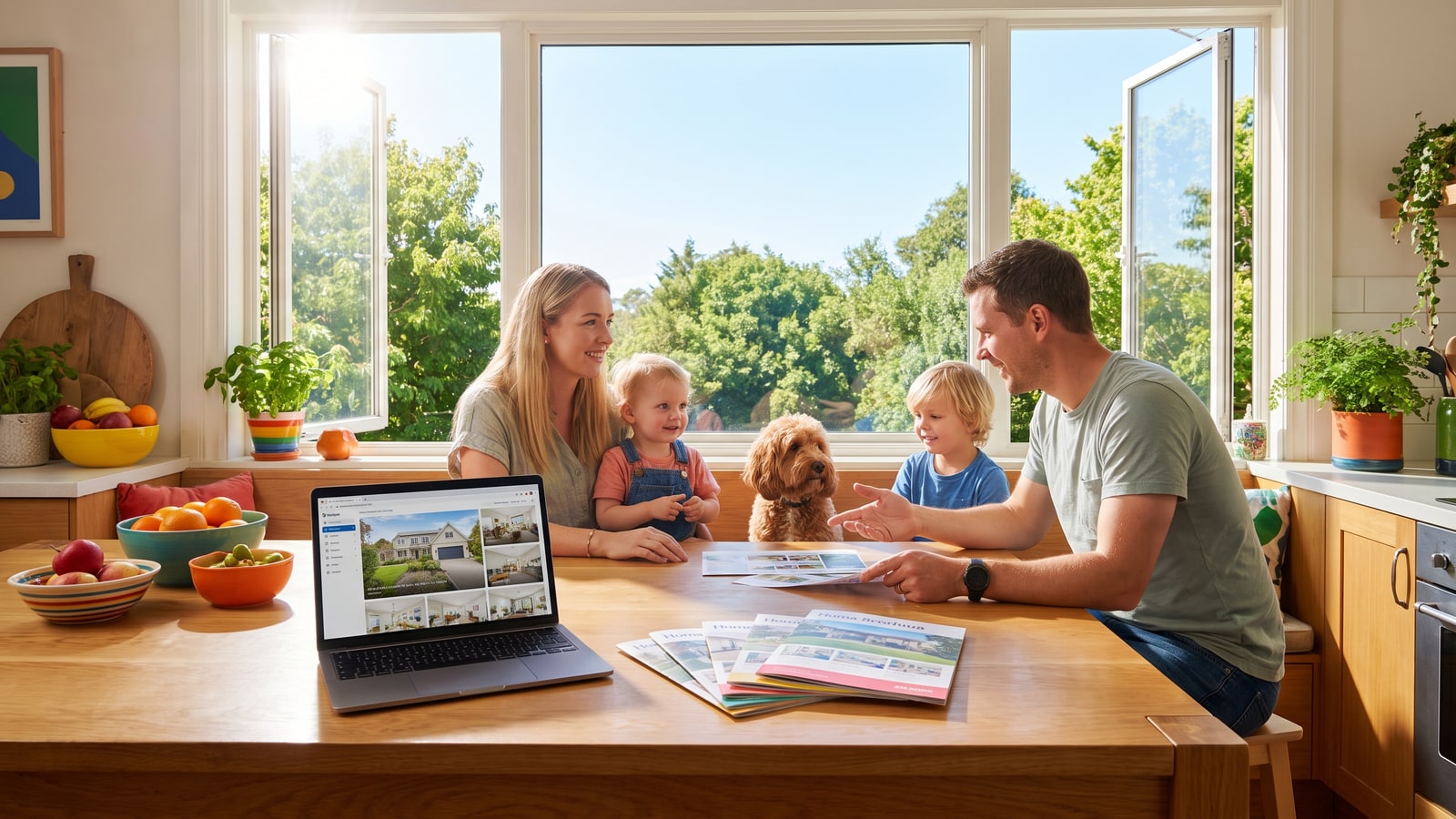 Happy young family at a sunlit kitchen table with a laptop and printed home listings, comparing Carson City and Reno neighborhoods before buying