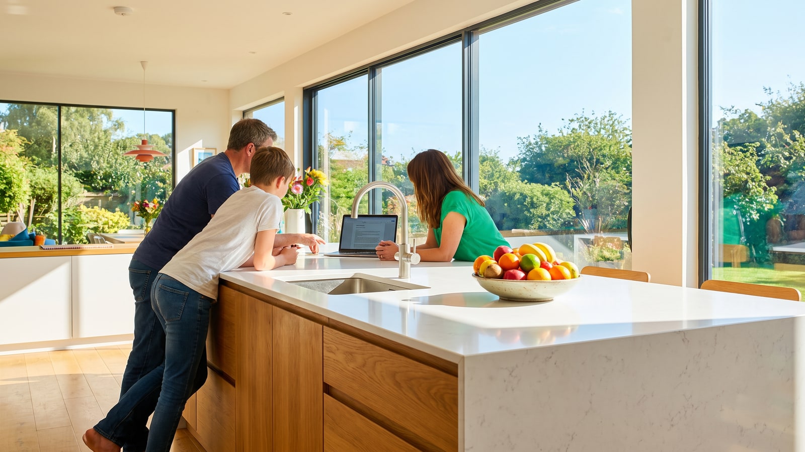 Family at a bright kitchen island researching North Las Vegas school zones and homes on a laptop