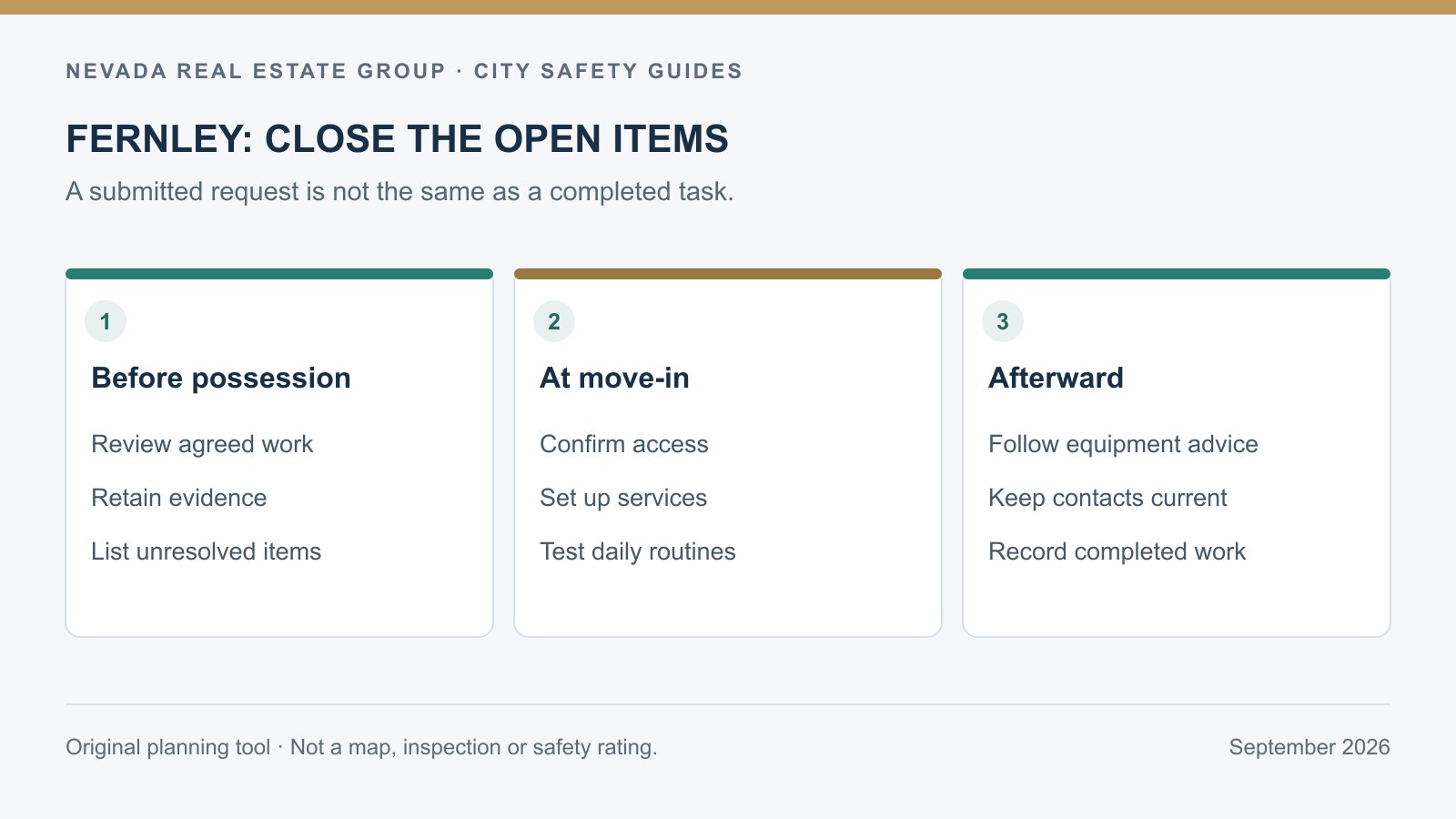 Fernley move-in sequence for agreed work, access resets, service setup and household practice
