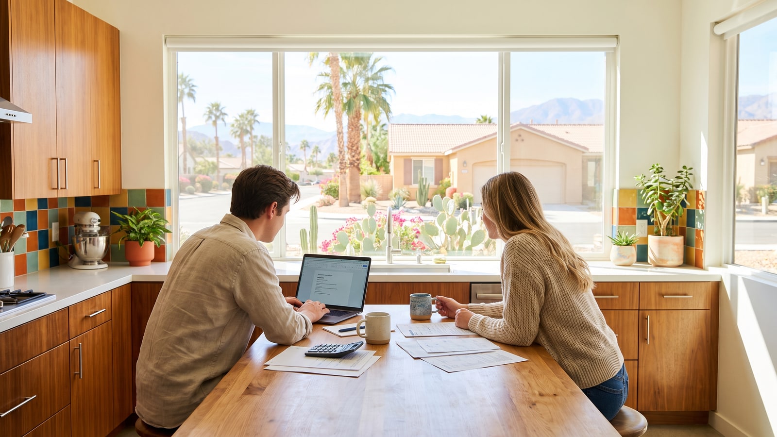 Young couple reviewing mortgage pre-approval paperwork and payment math at a sunny kitchen table with a desert neighborhood outside the window