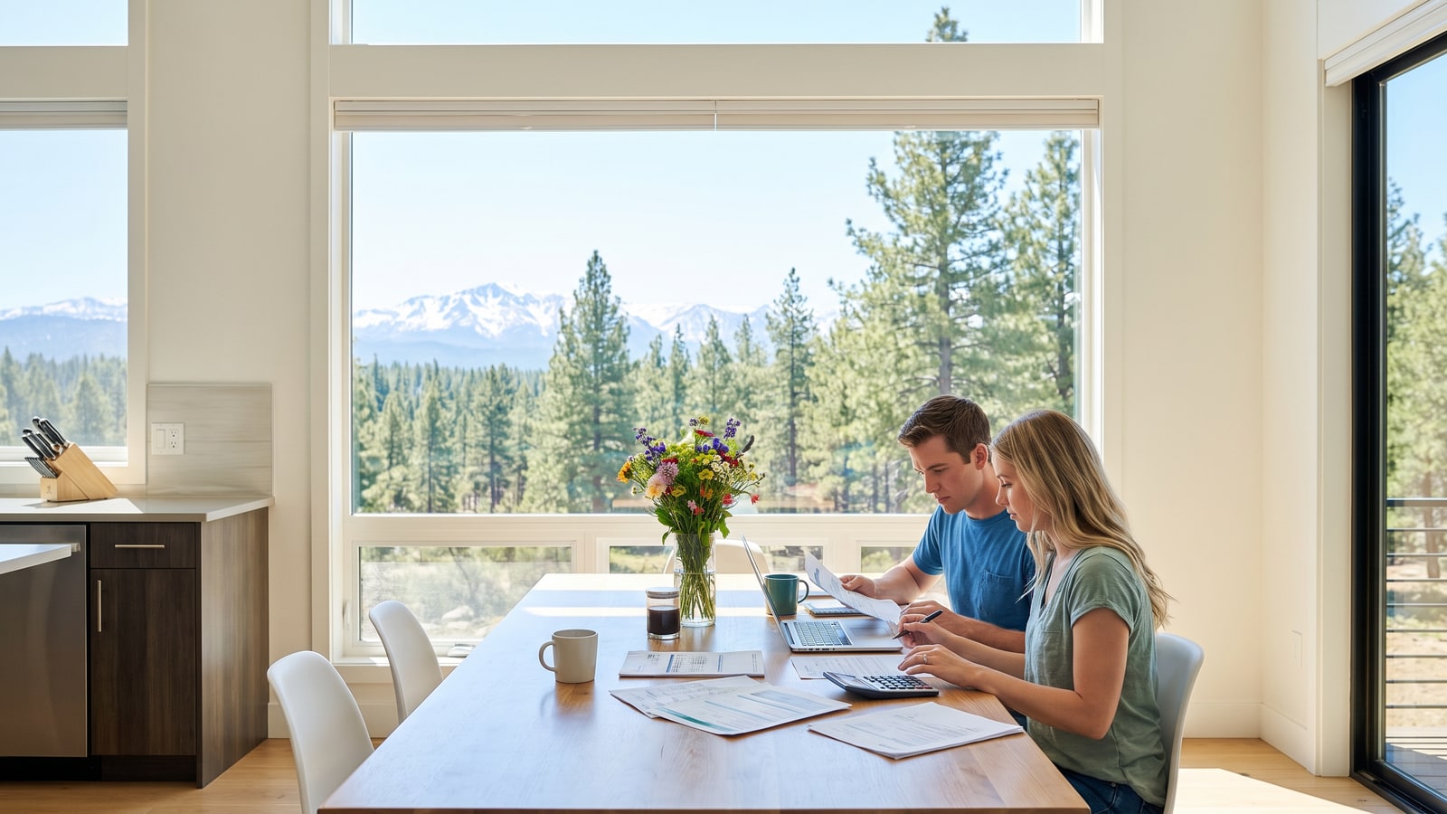 Young couple at a sunlit kitchen table budgeting for their first Reno home purchase with laptop and calculator, Sierra pines outside the window